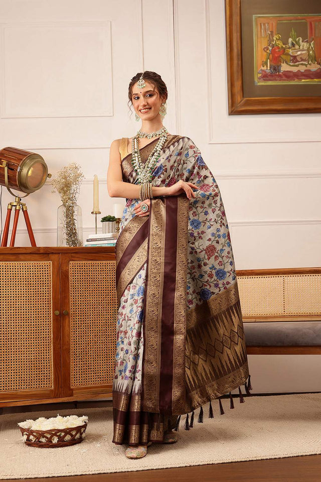 Beige Floral Printed Silk Saree