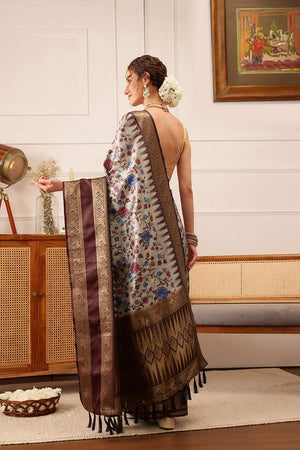 Beige Floral Printed Silk Saree