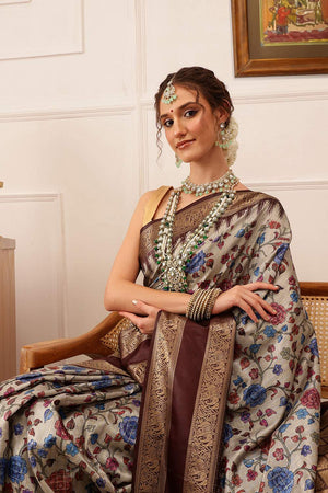 Beige Floral Printed Silk Saree