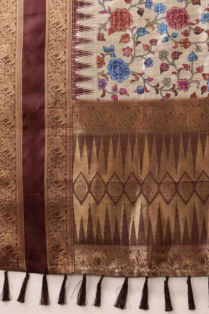 Beige Floral Printed Silk Saree