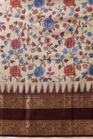 Beige Floral Printed Silk Saree