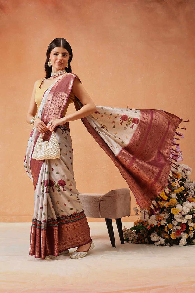 Grey Kanjivaram Floral Printed Silk  Saree