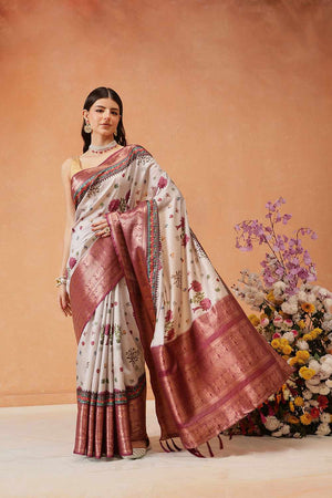Grey Kanjivaram Floral Printed Silk  Saree