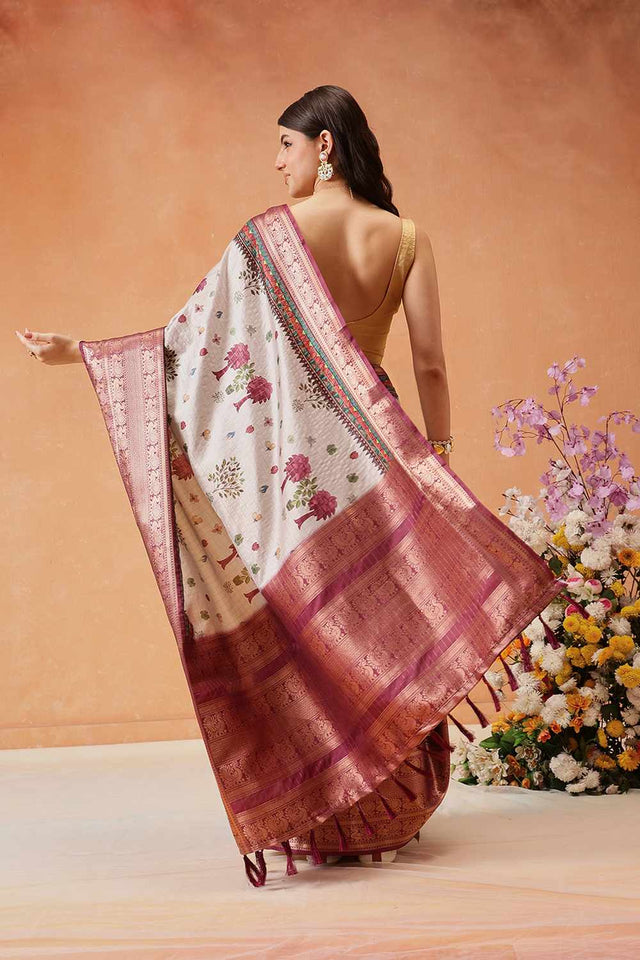 Grey Kanjivaram Floral Printed Silk  Saree