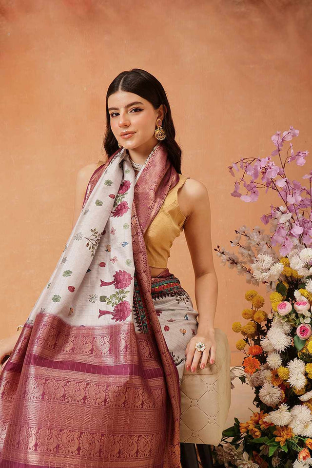 Grey Kanjivaram Floral Printed Silk  Saree
