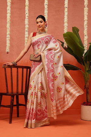 Beige Digital Printed Kotha Silk Saree