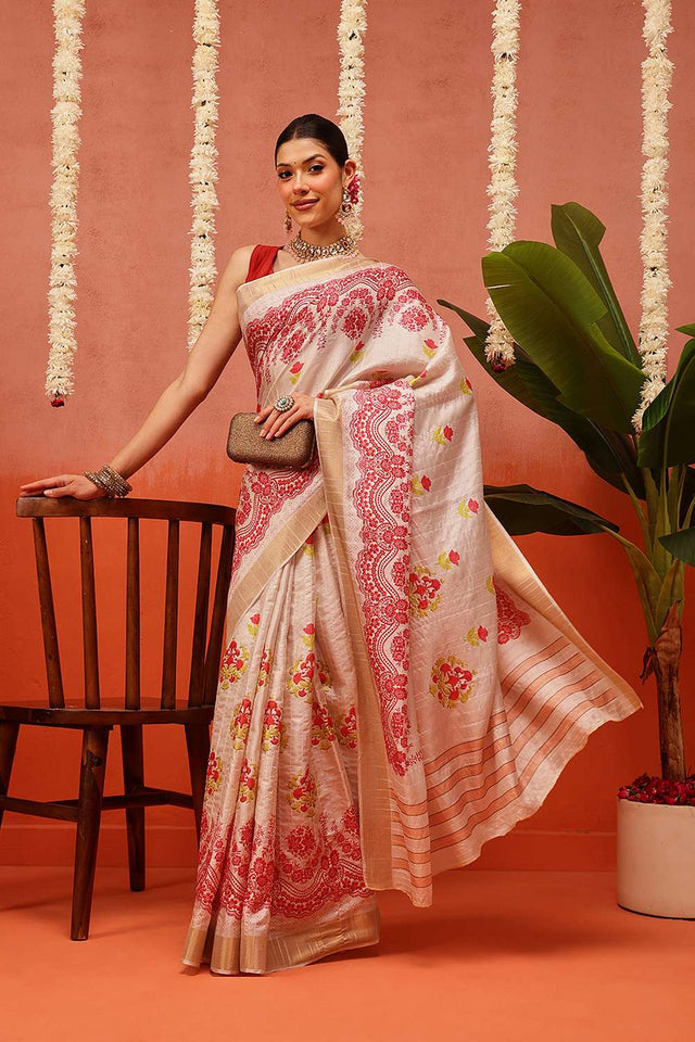 Beige Digital Printed Kotha Silk Saree