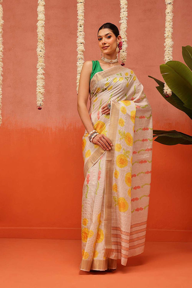 Beige Digital Printed Kotha Silk Saree