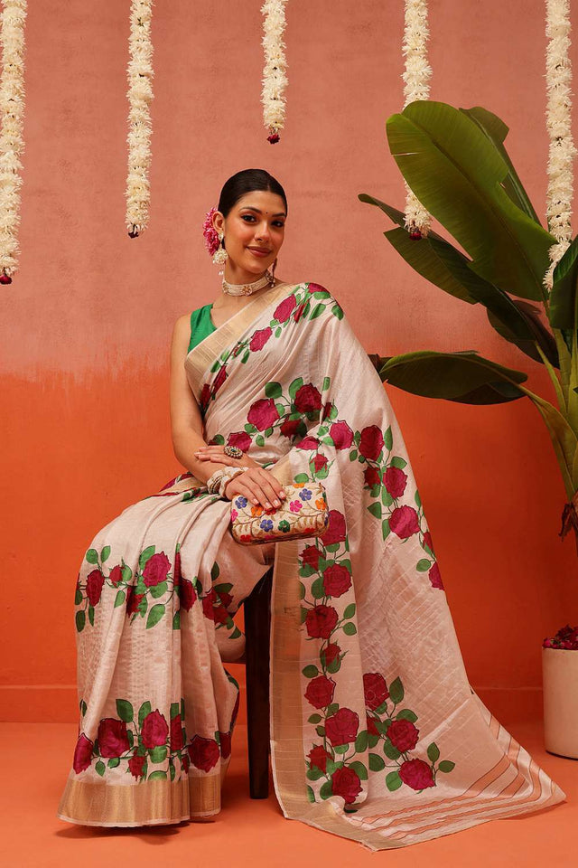 Beige Digital Printed Kotha Silk Saree