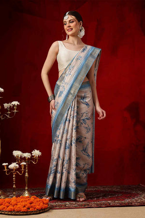 Blue Floral Printed Silk Saree