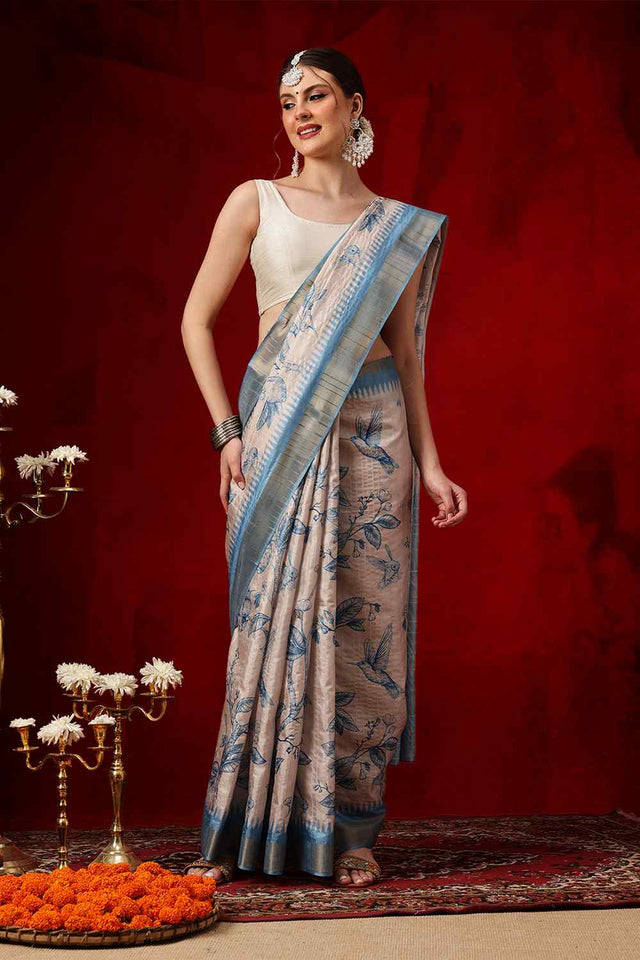 Blue Floral Printed Silk Saree