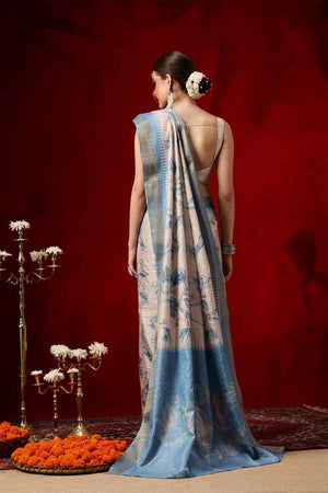 Blue Floral Printed Silk Saree