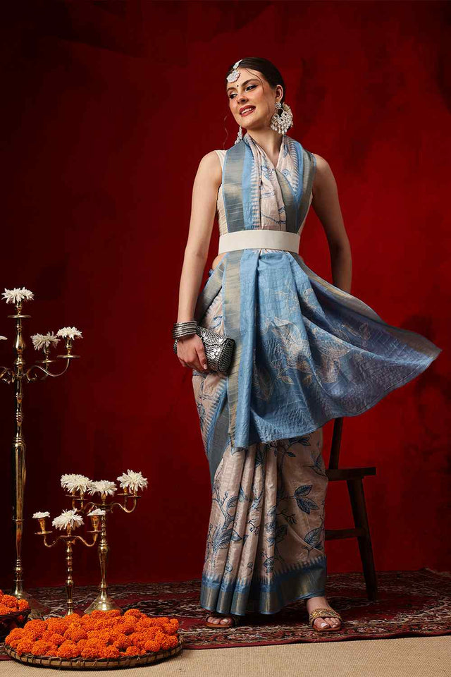 Blue Floral Printed Silk Saree