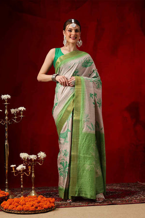 Green Floral Printed Silk Saree