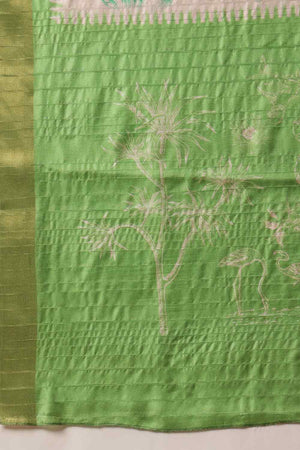 Green Floral Printed Silk Saree
