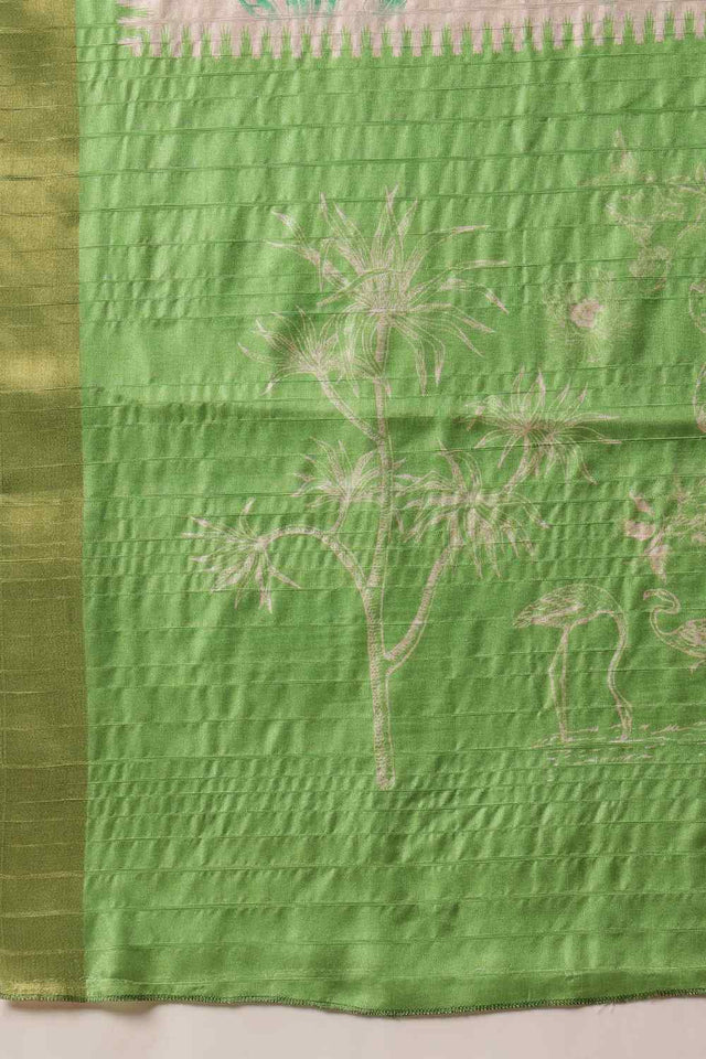 Green Floral Printed Silk Saree