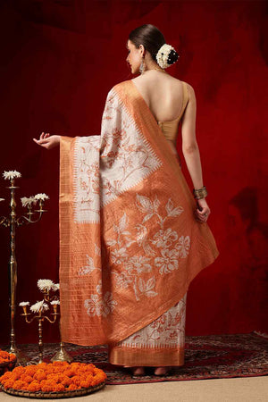 Orange Floral Printed Silk Saree