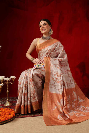 Orange Floral Printed Silk Saree