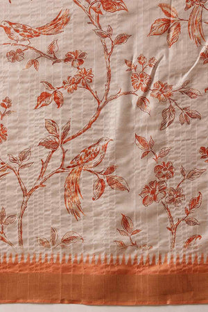 Orange Floral Printed Silk Saree