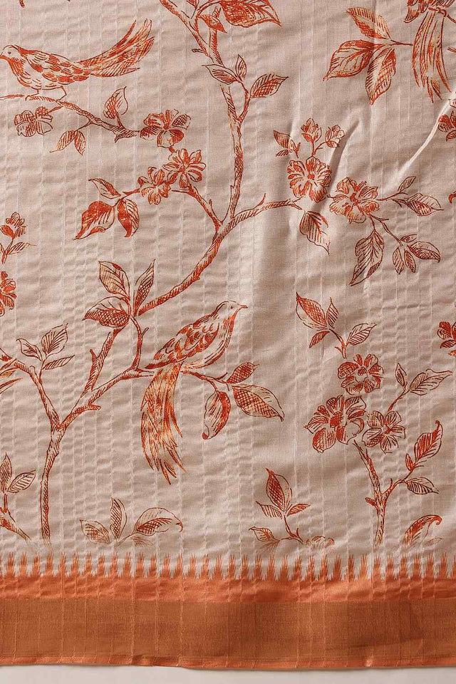 Orange Floral Printed Silk Saree