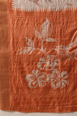 Orange Floral Printed Silk Saree