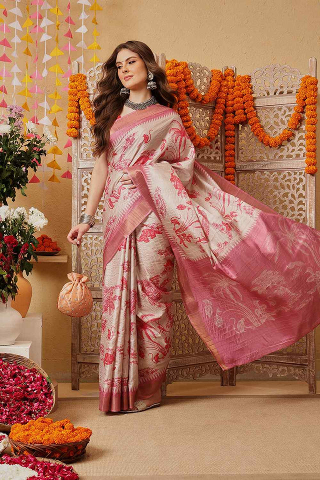 Pink Floral Printed Silk Saree
