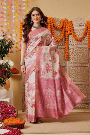 Pink Floral Printed Silk Saree