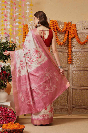 Pink Floral Printed Silk Saree
