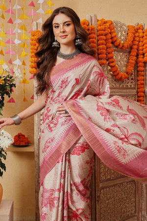 Pink Floral Printed Silk Saree