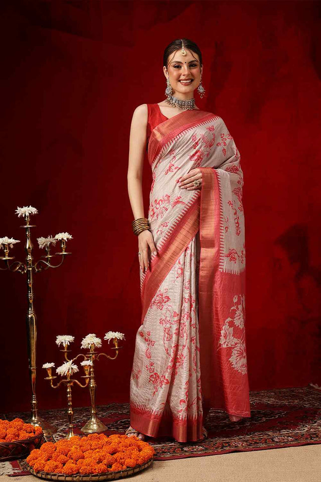 Red Floral Printed Silk Saree