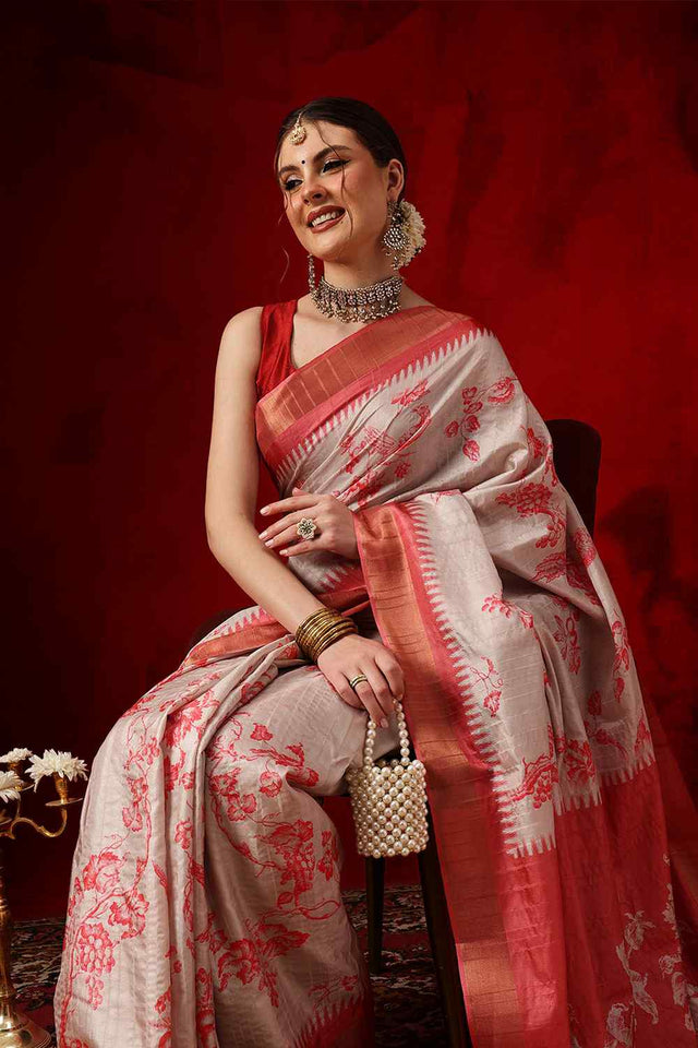 Red Floral Printed Silk Saree