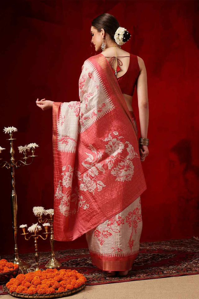 Red Floral Printed Silk Saree