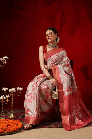 Red Floral Printed Silk Saree