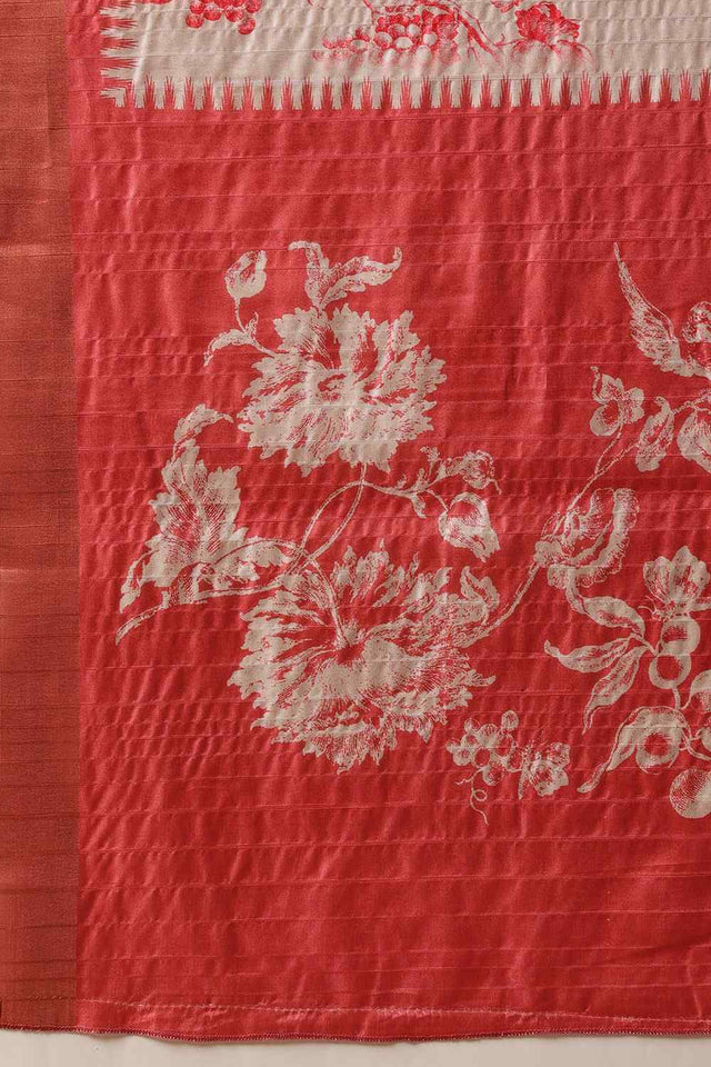Red Floral Printed Silk Saree