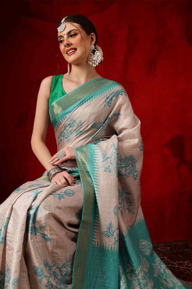 Turquoise Floral Printed Silk Saree