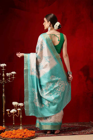 Turquoise Floral Printed Silk Saree