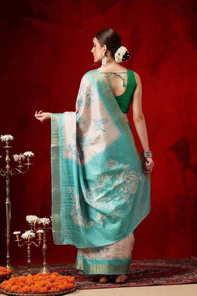 Turquoise Floral Printed Silk Saree