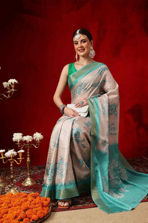 Turquoise Floral Printed Silk Saree