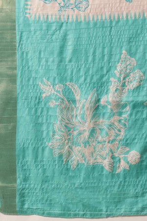 Turquoise Floral Printed Silk Saree