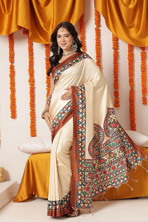 Beige Madhubani Printed Art Silk Saree (SZ-DGTANVI-3298)