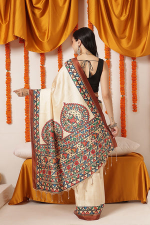 Beige Madhubani Printed Art Silk Saree (SZ-DGTANVI-3298)