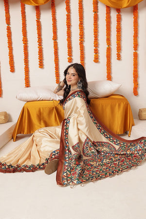 Beige Madhubani Printed Art Silk Saree (SZ-DGTANVI-3298)