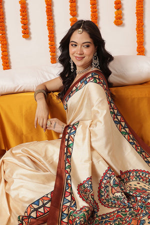 Beige Madhubani Printed Art Silk Saree (SZ-DGTANVI-3298)