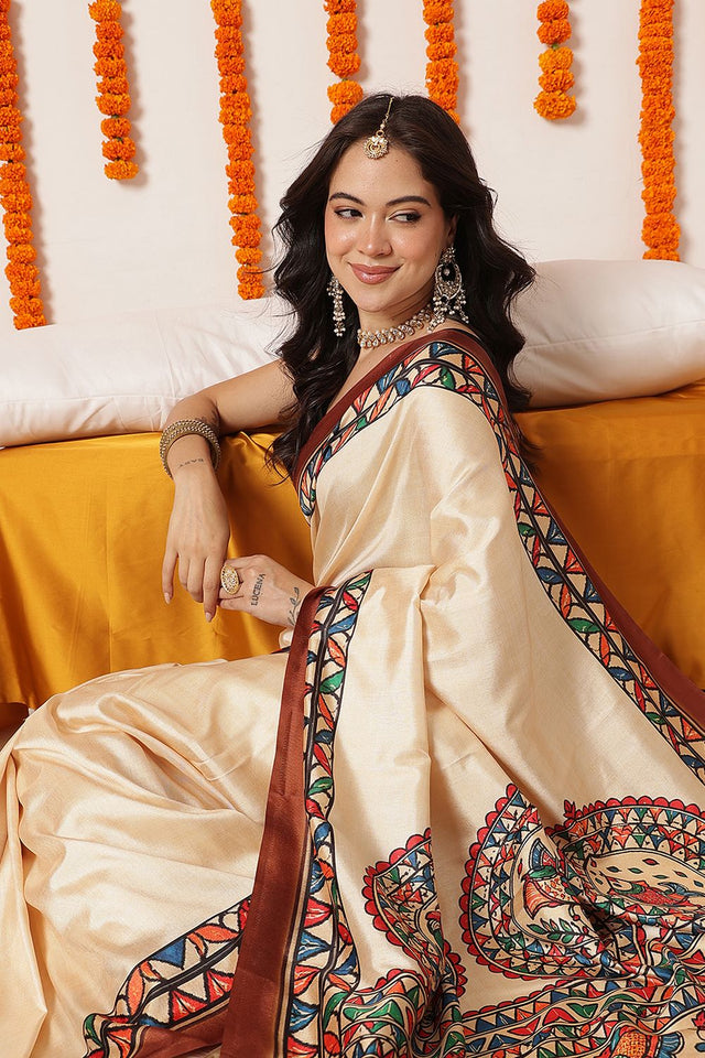 Beige Madhubani Printed Art Silk Saree (SZ-DGTANVI-3298)