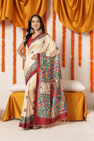 Beige Madhubani Printed Art Silk Saree (SZ-DGTANVI-3299)