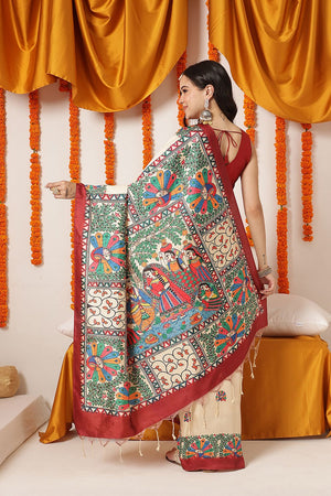 Beige Madhubani Printed Art Silk Saree (SZ-DGTANVI-3299)