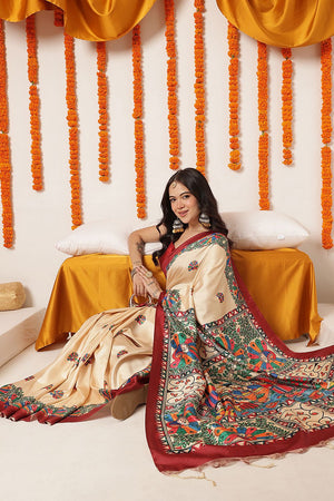 Beige Madhubani Printed Art Silk Saree (SZ-DGTANVI-3299)