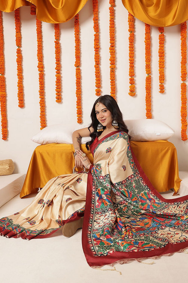 Beige Madhubani Printed Art Silk Saree (SZ-DGTANVI-3299)