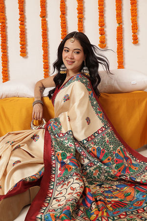 Beige Madhubani Printed Art Silk Saree (SZ-DGTANVI-3299)