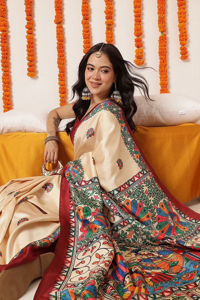 Beige Madhubani Printed Art Silk Saree (SZ-DGTANVI-3299)